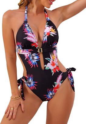 Eomenie One Piece Swimsuits for Women Cutout Tie Back and Side Monokini Halter Bathing Suits Plunge Slimming Swimwear