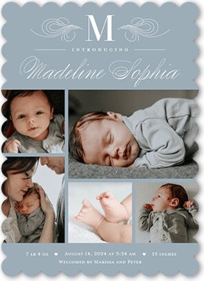 Birth Announcements: Elegant Character Birth Announcement, Grey, 5X7, Pearl Shimmer Cardstock, Scallop