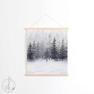 Snow & Pines Landscape Art | Fabric Wall Hanging Canvas Evergreen Christmas Decor Winter