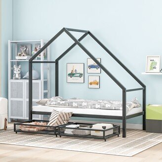 EDWINRAY Twin Size Metal House Bed with 2 Storage Drawers, Metal Bed Frame for Kids, Girls & Boys, No Box Spring Needed