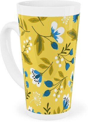 Mugs: Colorful Spring Flowers - Blue On Yellow Tall Latte Mug, 17Oz, Yellow