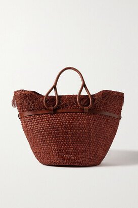 Net Sustain Leather-trimmed Fringed Woven Straw Tote - Brown