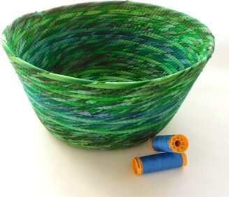 Large Green & Blue Stripe Bowl // Handmade Coiled Fabric Basket