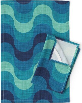 Wavy Retro Stripes Tea Towels | Set Of 2 - Groovy Ocean Waves By Selmacardoso Teal Aqua Psychedelic Linen Cotton Spoonflower