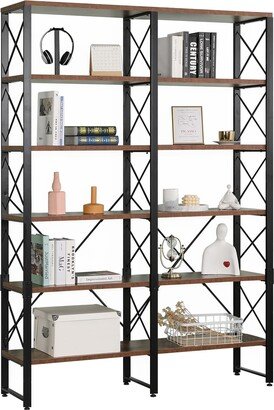 EPOWP Double Wide 6-Tier Bookshelf, Industrial Open Large Bookcase, Wood and Metal Tall Bookshelves-AA