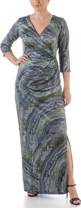 24seven Comfort Apparel Women's Faux Wrap Side Slit Plus Size Maxi Dress - Purple, Green Multi