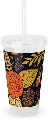 Travel Mugs: Retro Floral - Orange Brown And Yellow Acrylic Tumbler With Straw, 16Oz, Orange