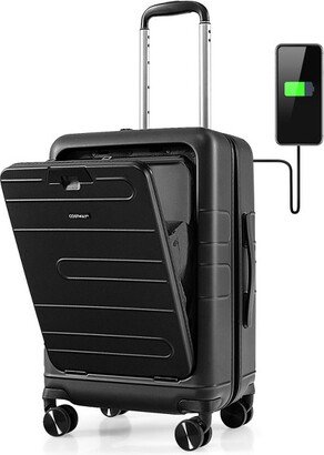 Cotway 20'' Carry-on PC Hardide Suitcae TSA Lock w/ Front Pocket & USB Port Black