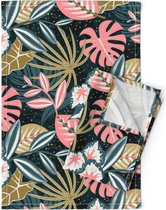 Exotic Tropical Tea Towels | Set Of 2 - Night By Marketa Stengl Leaves Gold Dark Linen Cotton Spoonflower