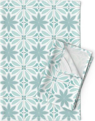 Simple Floral Tile Tea Towels | Set Of 2 - Aqua Starburst By lbps-Jillianbeck Pastel Jade Green Linen Cotton Spoonflower