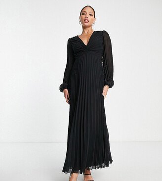 ASOS DESIGN Tall pleated bodice plunge neck midi dress in black