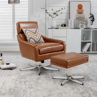 Swivel Armchair With Ottoman For Living Room, Bedroom And Office, Brown PU Leather