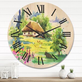 Designart 'Rural House In Blossoming Greenlands' Traditional Wood Wall Clock