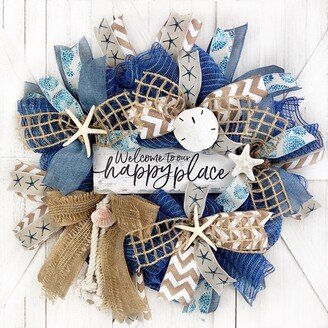 Welcome To Our Happy Place Beautiful Blue Burlap Beach, Coastal, Nautical Wreath, Beach Decorations For Front Door