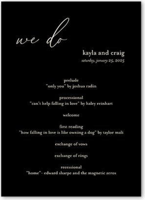 Wedding Program Cards: Finally Time Wedding Program, Black, 5X7 Flat Program, Pearl Shimmer Cardstock, Scallop