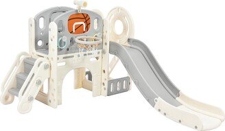 IGEMAN Kids Slide Playset Climbing Crawling Playhouse with Basketball Hoop