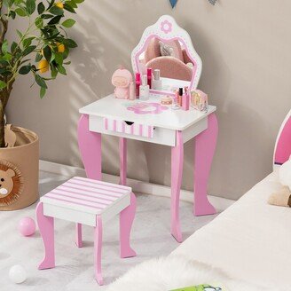 Kid Vanity Set Wooden Makeup Table Stool w/ Mirror Flower Print