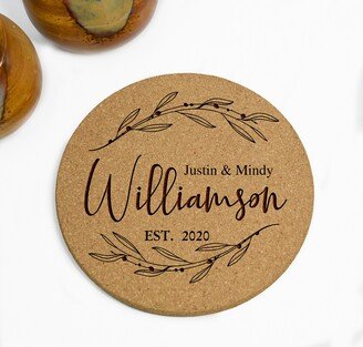 Personalized 7.5 Inch Cork Trivet, Family Established Custom Wedding Anniversary Gift, Housewarming Gift Idea, Name Trivet