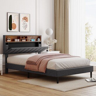 SUNMORY Full size Upholstered Platform Bed with Storage Headboard and USB Port