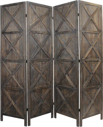 79 Inch Wood 4 Panel Screen Room Divider, Crossed Accents, Brown