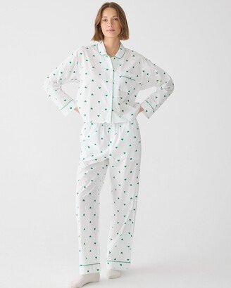 Long-sleeve cropped cotton poplin pajama pant set in green heart print