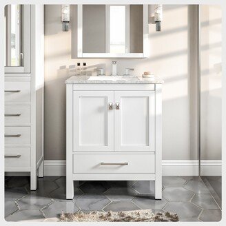 Aberdeen 24 inch White Transitional Bathroom Vanity with White Carrara Marble Countertop and Undermount Porcelain Sink