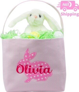 Pink Or Blue Seersucker Baby & Toddler Easter Baskets Personalized Easter Baskets - Polka Dot Bunny Applique With Embroidered Name