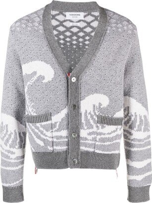 Wave-Print Knit Cardigan