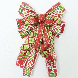 Christmas Bow, Whimsical Lantern Wreath Tree Decor, Red & Lime Green Topper Bow