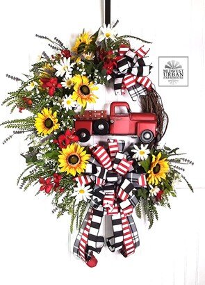 Farmhouse Truck Wreath|Sunflower Wreath|Red Wreath|Summer Wreath|Farmhouse Door Decor|Everyday Wreath