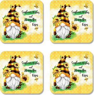 Gnome Sunflower Wishes & Honey Bee Kisses, Set Of 4 Drink Coasters, Housewarming Gift, Beverage Coffee Funny 7-Sum009