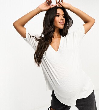 ASOS DESIGN Maternity oversized v-neck t-shirt in rib in white