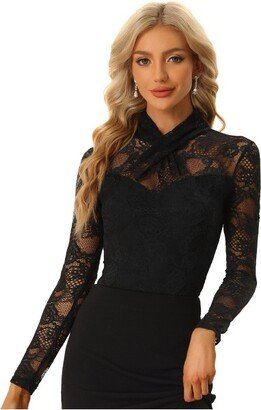 Allegra K Women's Mock Neck See Through Mesh Long Sleeve Lace Bodysuits Black X-Small