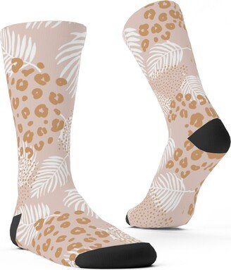 Socks: Palm Leaves And Animal Panther Spots - Beige Custom Socks, Pink