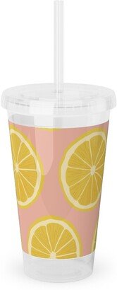 Travel Mugs: Lemon - Pink Acrylic Tumbler With Straw, 16Oz, Pink