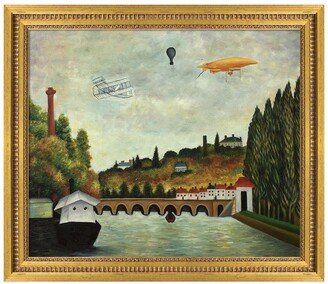 OVERSTOCK ART View of the Bridge in Sevres and the Hills of Clamart, Saint-Cloud and Bellevue with Biplane, Balloon and Dirigible - Framed Oil Reproduction of an Original Painting by Henri Rousseau