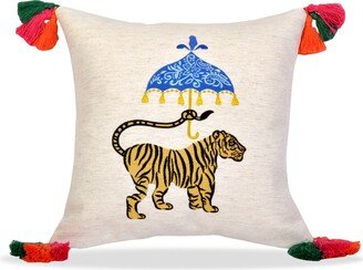 Tiger Pattern Throw Pillow - Beige Linen Cushion Cover Fringed Animal Print Accent Embroidered For Couch Safari 2/4