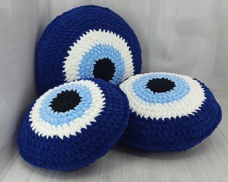 Round Evil Eye Pillow, Plush Eye, Crochet Decorative Blue Cushion, Stuffed Throw Good Luck Gift, Lucky Charm