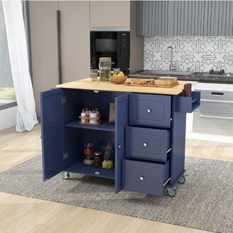 52.7 In. W Mobile Kitchen Island with Drop Leaf Wood Top, Spice Rack and Locking Wheels, Dark blue