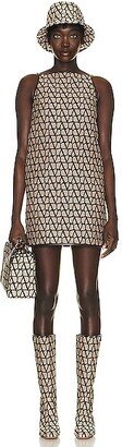 V Logo Leather Detail Dress in Beige