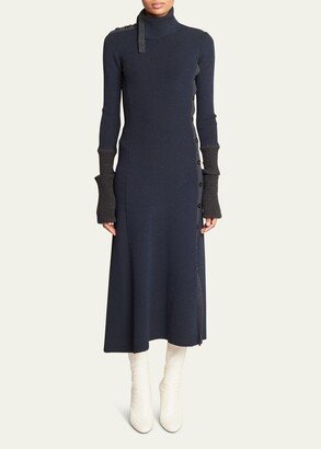 Fine Rib Knit Long-Sleeve Midi Sweater Dress