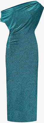 RO&ZO Womens Blue Draped-neck One-shoulder Sparkle Woven Midi Dress