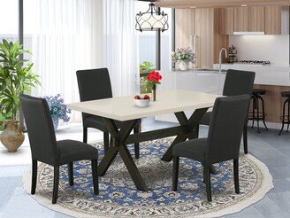 Modern Dining Table Set - Parson Dining Chairs with Black Linen Fabric - Linen White Finish