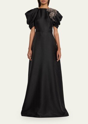 Draped-Sleeve Pique Caftan with Embellished Shoulder Applique