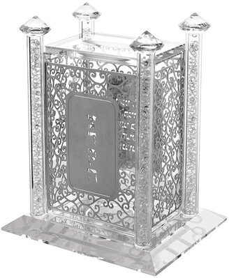 Schonfeld Collection Crystal Tzedakah Pushka With Silver Design 4x3x3.5