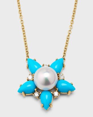 Pearls By Shari 18K Yellow Gold Akoya Pearl, Diamond and Pear Shape Turquoise Necklace, 18L