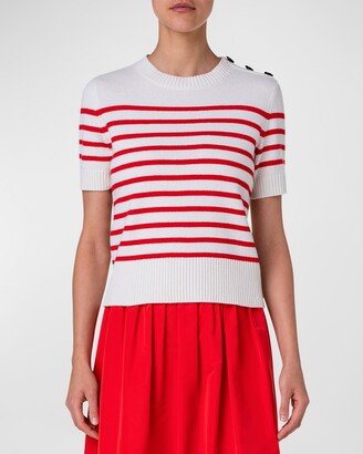 Kodak Stripe Short-Sleeve Button-Shoulder Cashmere Sweater