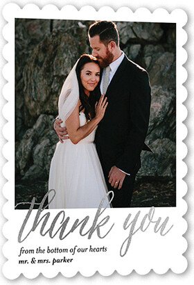 Wedding Thank You Cards: Impeccable Gesture Thank You Card, White, Silver Foil, 5X7, Pearl Shimmer Cardstock, Scallop-AA