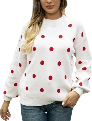 Pedort Sweaters for Women Trendy Polka Dot Printed Long Sleeve Shirts Casual Oversized Knitted Sweaters Womens Winter Clothes White