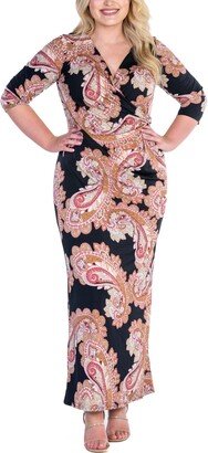 24seven Comfort Apparel Plus Size Paisley Sleeve Side Slit Maxi Dress